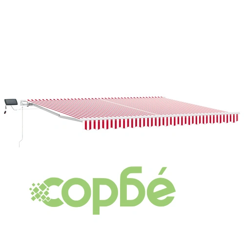 Ръчен прибиращ се сенник с LED осветление, червено-бели райета, 400x350 см ➤ топ цена ➤ sorbe.bg
