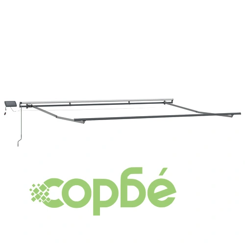 Ръчен прибираем сенник с LED осветление, червено-бели ивици, 400x350 см, полиестер ➤ топ цена ➤ sorbe.bg