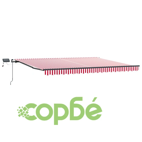 Ръчен прибираем сенник с LED осветление, червено-бели ивици, 400x350 см, полиестер ➤ топ цена ➤ sorbe.bg