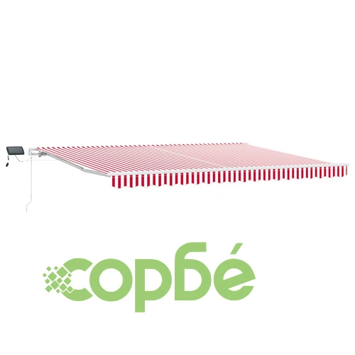 Ръчен прибиращ се сенник с LED осветление, червени и бели ивици, 450x350 см, полиестер ➤ топ цена ➤ sorbe.bg