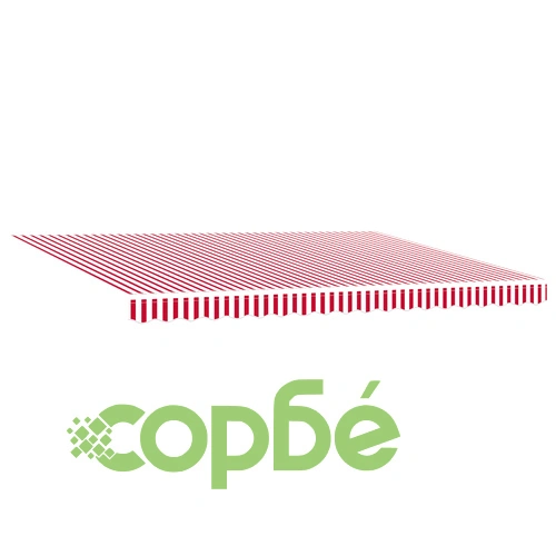 Ръчен прибиращ се сенник с LED осветление, червени и бели ивици, 450x350 см, полиестер ➤ топ цена ➤ sorbe.bg