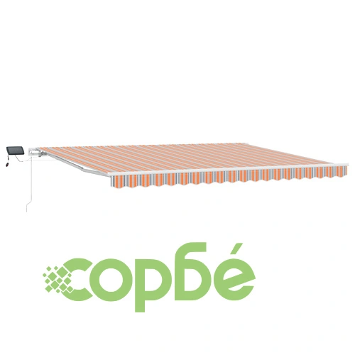 Ръчен прибираем сенник с LED осветление, цветно райе, 450x350 см, акрилна тъкан ➤ топ цена ➤ sorbe.bg