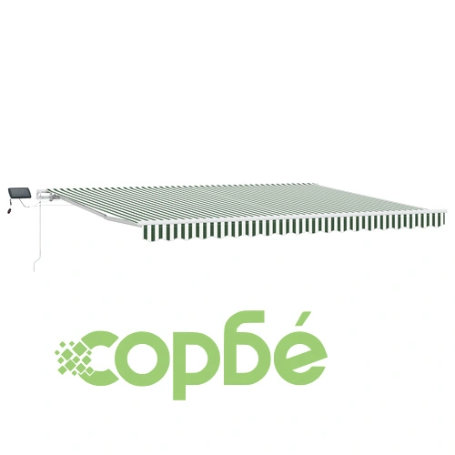 Ръчен прибираем сенник с LED осветление, зелено-бял, 450x350 см, с резервен плат ➤ топ цена ➤ sorbe.bg