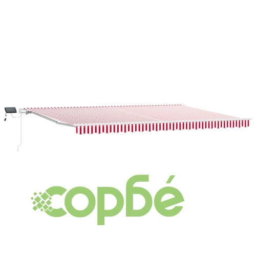 Ръчен прибираем сенник с LED осветление, червено-бяло райе, 500x350 см ➤ топ цена ➤ sorbe.bg