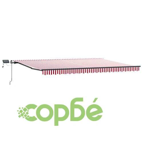 Ръчно прибираем сенник с LED осветление, червено-бяло райе, 500x350 см ➤ топ цена ➤ sorbe.bg