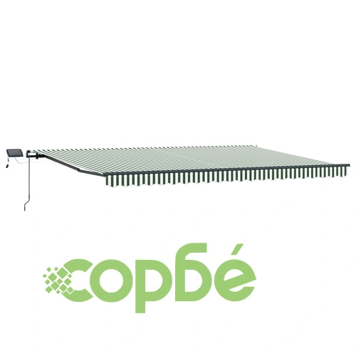 Ръчен прибираем сенник с LED осветление, зелен и бял, 500x350 см, акрилна тъкан ➤ топ цена ➤ sorbe.bg
