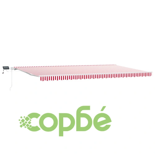 Ръчен прибираем сенник с LED осветление, червено-бели ивици, 600x350 см ➤ топ цена ➤ sorbe.bg