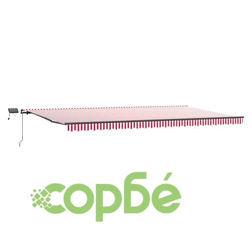 Ръчно прибираем сенник с LED осветление, червени и бели райета, 600x350 см, полиестер ➤ топ цена ➤ sorbe.bg