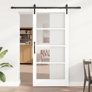 Плъзгаща Врата ORKDAL с Комплект за Монтаж - Бяло Масивно Дърво и Стъкло 93x202x4 см