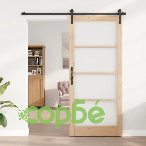 Плъзгаща се Врата ORKDAL 93x211x4 см от Масивно Борово Дърво и Стъкло с Комплект Аксесоари ➤ топ цена ➤ sorbe.bg