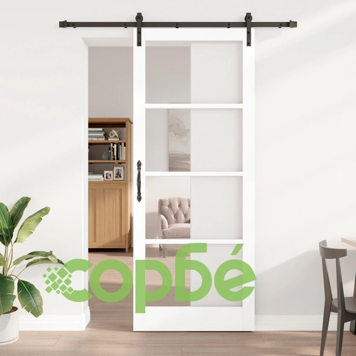 Плъзгаща Врата ORKDAL Бяла от Масивно Дърво и Стъкло 93x232x4 см с Монтажен Комплект ➤ топ цена ➤ sorbe.bg