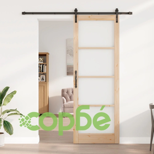 Плъзгаща се врата ORKDAL 83x232x4 см от масивна борова дървесина със стъкло и монтажен комплект ➤ топ цена ➤ sorbe.bg