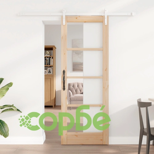 Плъзгаща се врата ORKDAL от масивно дърво и стъкло, 73.5x198.5x4 см, бор ➤ топ цена ➤ sorbe.bg