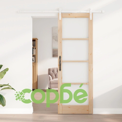 Плъзгаща Врата ORKDAL 73.5x211x4 см от Масивна Борова Дървесина със Стъкло и Комплект за Монтаж ➤ топ цена ➤ sorbe.bg