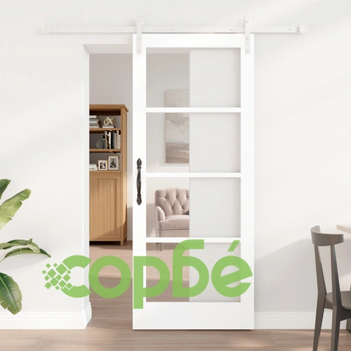 Плъзгаща врата ORKDAL от бяло солидно дърво и стъкло с комплект за окачване, 83x202x4 см ➤ топ цена ➤ sorbe.bg