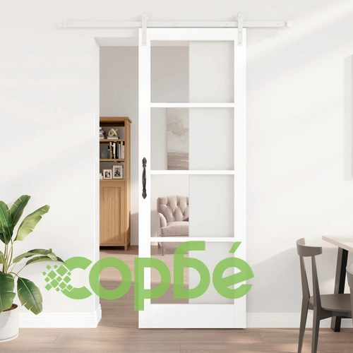 Плъзгаща се Врата ORKDAL от Бяло Масивно Дърво и Стъкло 83x232x4 см с Комплект Аксесоари ➤ топ цена ➤ sorbe.bg