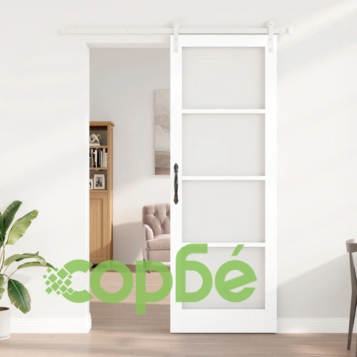 Плъзгаща се Врата ORKDAL от Бяло Масивно Дърво и Стъкло 83x232x4 см с Комплект Аксесоари ➤ топ цена ➤ sorbe.bg