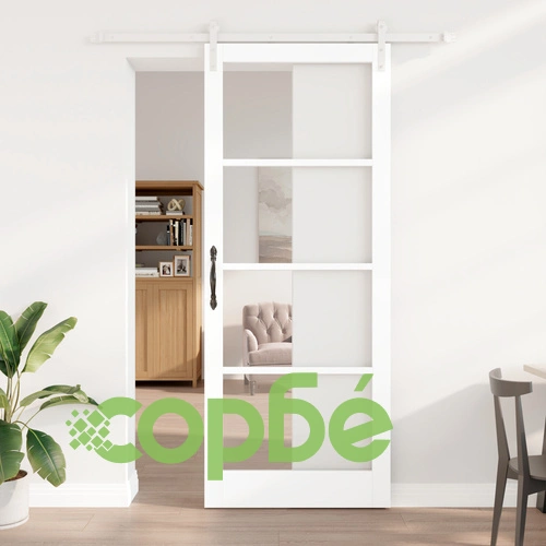 Плъзгаща се Врата ORKDAL от Масивно Дърво и Стъкло - Бяла 93x232x4 см с Аксесоари за Монтаж ➤ топ цена ➤ sorbe.bg