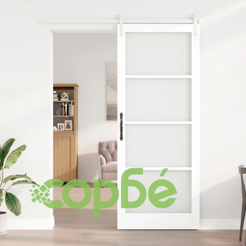 Плъзгаща се Врата ORKDAL от Масивно Дърво и Стъкло - Бяла 93x232x4 см с Аксесоари за Монтаж ➤ топ цена ➤ sorbe.bg