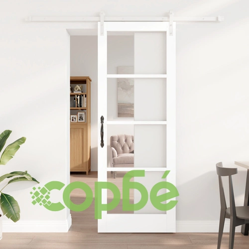 Плъзгаща се Врата ORKDAL с Механизъм, Бяло Солидно Дърво и Стъкло, 78x211x4 см ➤ топ цена ➤ sorbe.bg