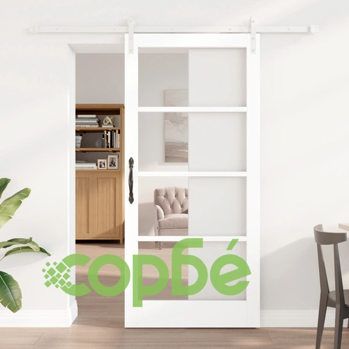 Плъзгаща се врата ORKDAL - бяло масивно дърво и стъкло, 93x202x4 см с монтажен комплект ➤ топ цена ➤ sorbe.bg