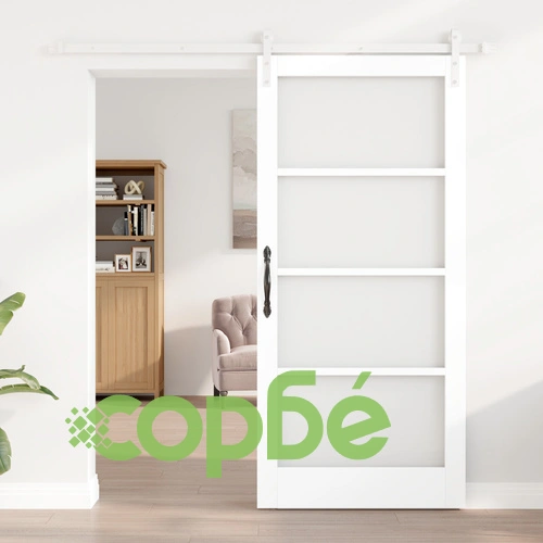 Плъзгаща се врата ORKDAL - бяло масивно дърво и стъкло, 93x202x4 см с монтажен комплект ➤ топ цена ➤ sorbe.bg