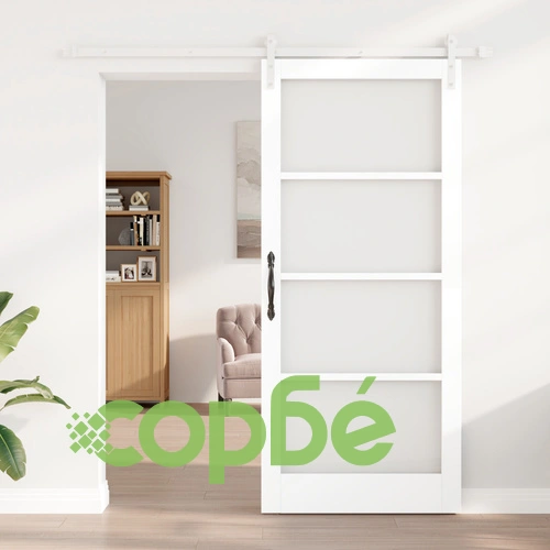 Плъзгаща се врата ORKDAL от масивно дърво и стъкло - бяла, 93x211x4 см с комплект аксесоари ➤ топ цена ➤ sorbe.bg