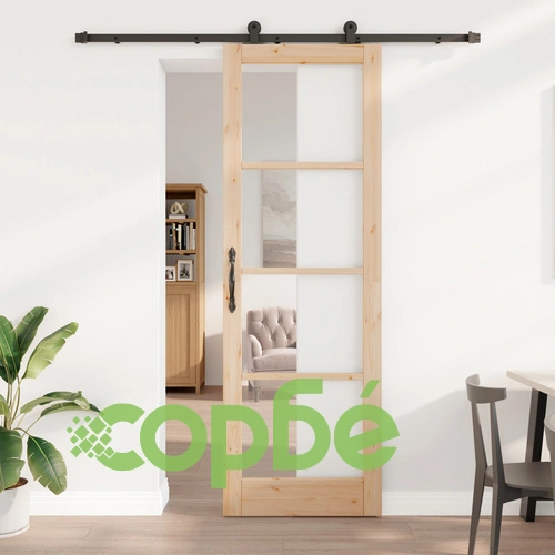 Плъзгаща се врата ORKDAL 78x232x4 см от масивна борова дървесина със стъкло и комплект за монтаж ➤ топ цена ➤ sorbe.bg
