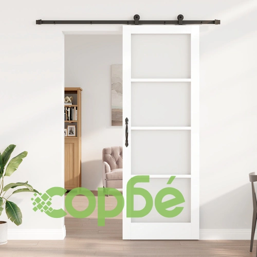 Плъзгаща врата ОРКДАЛ от масивно бяло дърво и стъкло 83x232x4 см с комплект за монтаж ➤ топ цена ➤ sorbe.bg