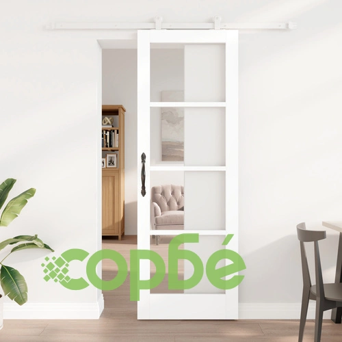 Плъзгаща врата ORKDAL от масивна акациева дървесина и стъкло - Бяла 73.5x211x4 см с комплект за монтаж ➤ топ цена ➤ sorbe.bg