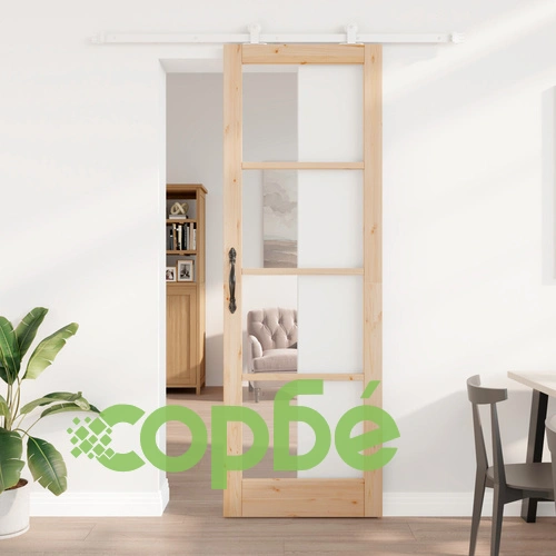 Плъзгаща врата ORKDAL 78x232x4 см от масивна борова дървесина и стъкло с комплект за окачване ➤ топ цена ➤ sorbe.bg
