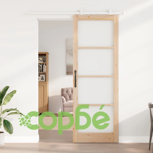 Плъзгаща се врата ОРКДАЛ 83x232x4 см от масивна борова дървесина и стъкло с комплект хардуер ➤ топ цена ➤ sorbe.bg