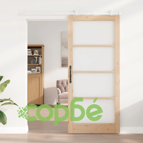 Плъзгаща врата ОРКДАЛ от масивна борова дървесина и стъкло с комплект за монтаж, 93x211x4 см, бяла ➤ топ цена ➤ sorbe.bg