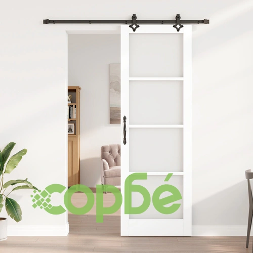 Плъзгаща Врата ORKDAL Бяло Масивно Дърво и Стъкло 78x232x4 см с Хардуерен Комплект ➤ топ цена ➤ sorbe.bg