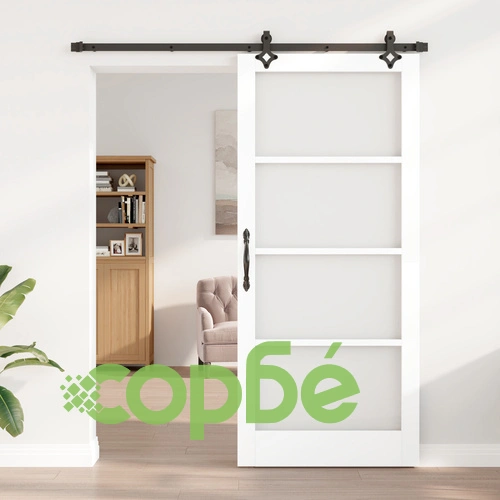 Плъзгаща врата ORKDAL от бяло масивно дърво и стъкло с комплект хардуер 93x211x4 см ➤ топ цена ➤ sorbe.bg