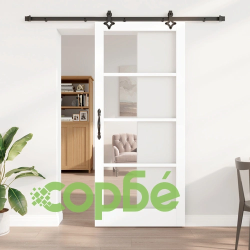 Плъзгаща се врата ORKDAL с хардуерен комплект - Бяло масивно дърво и стъкло, 93x211x4 см ➤ топ цена ➤ sorbe.bg