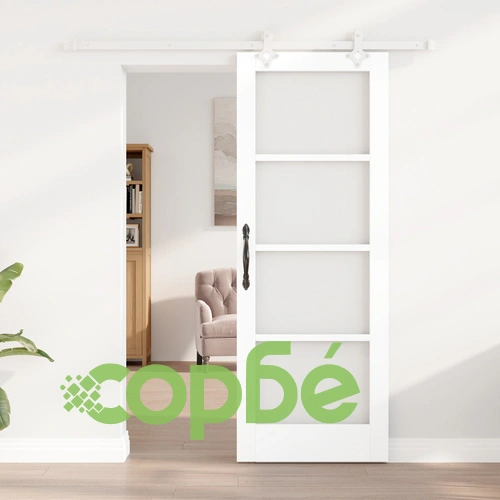 Плъзгаща се врата от масивна борова дървесина с комплект за монтаж, бяла, 73.5x198.5x4 см, със стъклен панел ➤ топ цена ➤ sorbe.bg