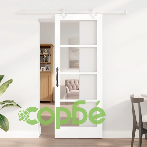 Плъзгаща се врата с комплект оборудване от масивна борова дървесина и стъкло ORKDAL, бяла, 78x202x4 см ➤ топ цена ➤ sorbe.bg