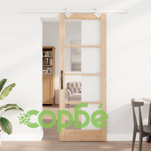Плъзгаща врата ORKDAL с хардуер 78x211 см от масивно борово дърво със стъкло ➤ топ цена ➤ sorbe.bg
