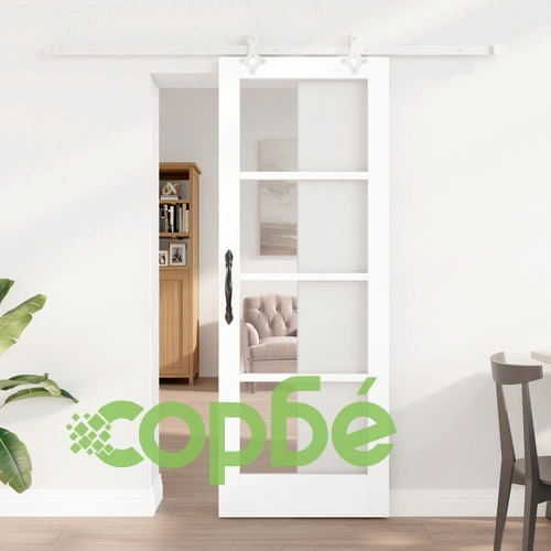 Плъзгаща врата от масивен бор с комплект, бяла, 73.5x198.5 см, със стъкло ORKDAL ➤ топ цена ➤ sorbe.bg