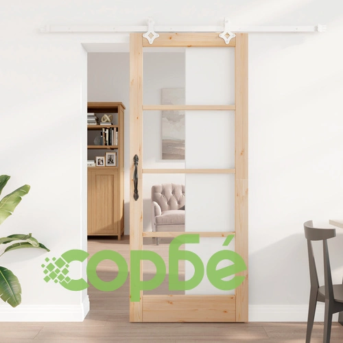 Комплект плъзгаща се врата с апаратура 83x202 см от масивно борово дърво с прозрачно стъкло ORKDAL ➤ топ цена ➤ sorbe.bg