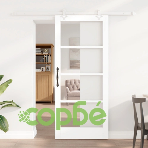 Плъзгаща се врата от масивно дърво с комплект оборудване, бяла, 86x198.5 см, със стъкло ORKDAL ➤ топ цена ➤ sorbe.bg