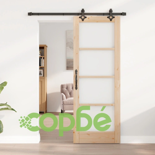 Плъзгаща Интериорна Врата ORKDAL от Масивно Борово Дърво 73.5x198.5x4 см със Стъкло и Комплект за Монтаж ➤ топ цена ➤ sorbe.bg