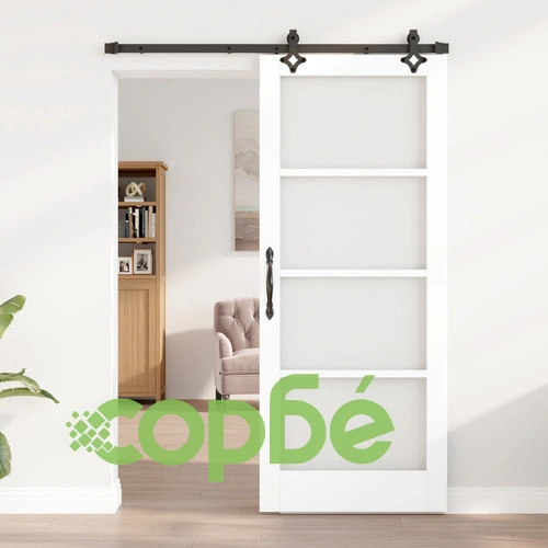 Плъзгаща се врата от масивно борово дърво с комплект за инсталация, бяла, 83x202 см, със стъкло ➤ топ цена ➤ sorbe.bg