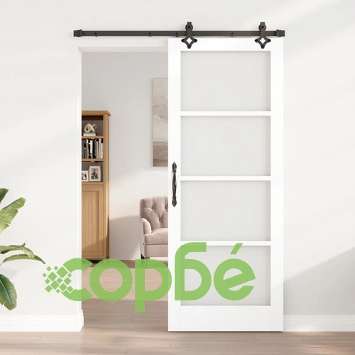 Плъзгаща врата от масивна борова дървесина с хардуер, бяла, 83x211 см, със стъкло ➤ топ цена ➤ sorbe.bg