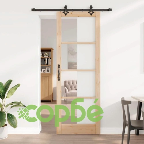 Плъзгаща врата от масивен бор с метални елементи 83x232 см ➤ топ цена ➤ sorbe.bg