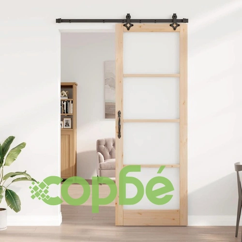 Плъзгаща врата от масивен бор с метални елементи 83x232 см ➤ топ цена ➤ sorbe.bg