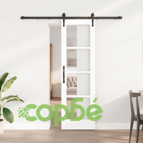 Плъзгаща Врата от Масивна Борова Дървесина с Комплект за Монтаж, Бяла, 61x198.5 см, със Стъкло ➤ топ цена ➤ sorbe.bg