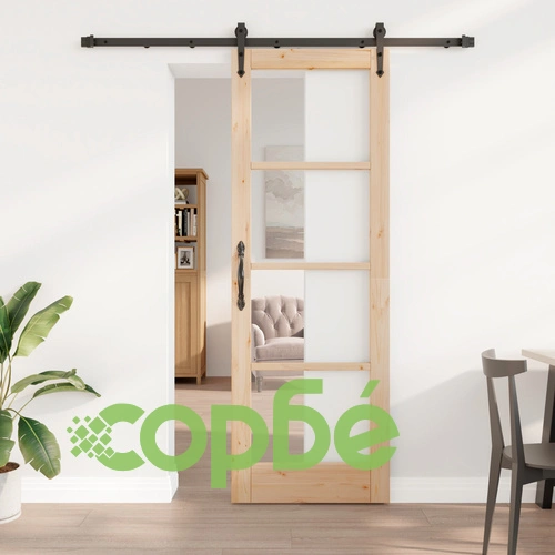 Плъзгаща се интериорна врата ОРКДАЛ 73.5x211 см от масивна борова дървесина със стъкло ➤ топ цена ➤ sorbe.bg