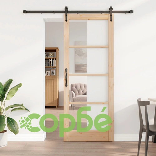 Плъзгаща се врата с комплект за монтаж 83x211 см от масивна борова дървина с стъкло ОРКДАЛ ➤ топ цена ➤ sorbe.bg
